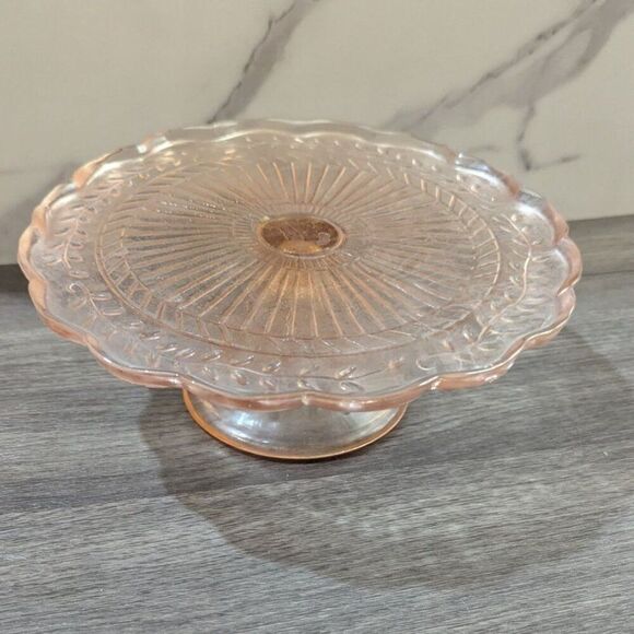 Vintage Pink Depression Glass Cake Stand With Scalloped Edges & Floral Design 9" - Picture 3 of 9